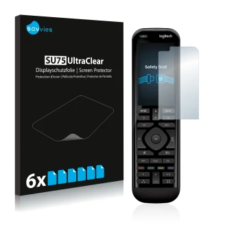 Face avant d’un emballage produit avec le logo de la marque Savvies. À côté, l’appareil Logitech Harmony Elite est représenté 