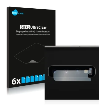 Face avant d’un emballage produit avec le logo de la marque Savvies. À côté, l’appareil Samsung Galaxy S10 (Caméra UNIQUEMENT)