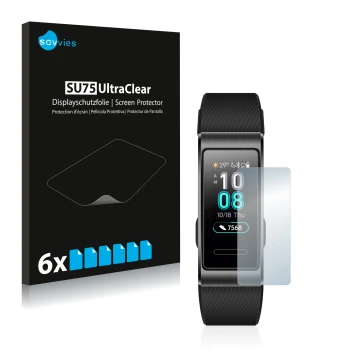 Face avant d’un emballage produit avec le logo de la marque Savvies. À côté, l’appareil Huawei Band 3 Pro est représenté avec 