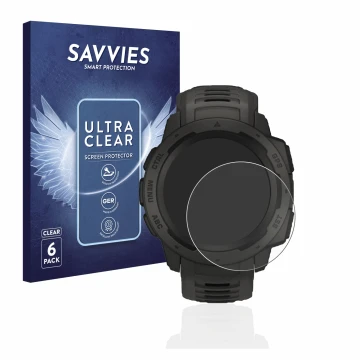 Face avant d’un emballage produit avec le logo de la marque Savvies. À côté, l’appareil Garmin Instinct est représenté avec la