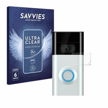 Face avant d’un emballage produit avec le logo de la marque Savvies. À côté, l’appareil Ring Doorbell 2 (Lentille) est représe