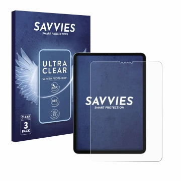 Face avant d’un emballage produit avec le logo de la marque Savvies. À côté, l’appareil Apple iPad Pro 11