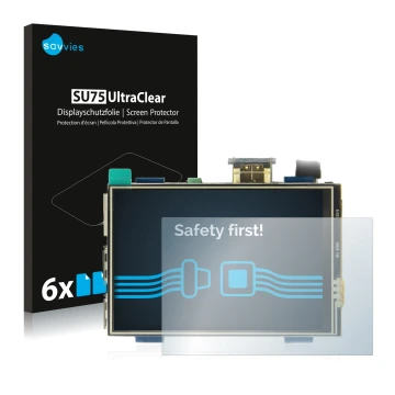 Face avant d’un emballage produit avec le logo de la marque Savvies. À côté, l’appareil Raspberry Pi Touchscreen (3.5