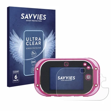 Face avant d’un emballage produit avec le logo de la marque Savvies. À côté, l’appareil Vtech Kidizoom Touch 5.0 2018 est repr