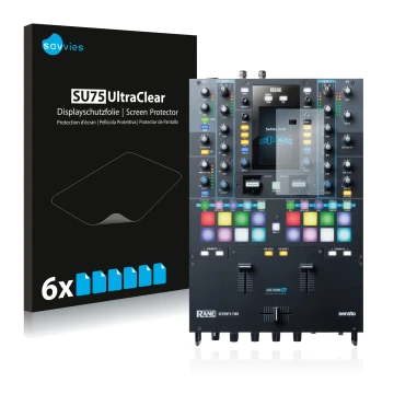 Face avant d’un emballage produit avec le logo de la marque Savvies. À côté, l’appareil Rane Seventy-Two est représenté avec l