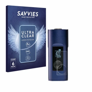 Face avant d’un emballage produit avec le logo de la marque Savvies. À côté, l’appareil Arizer Solo 2 est représenté avec la p