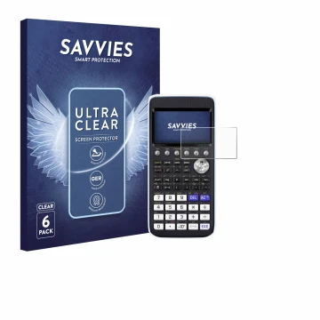 Face avant d’un emballage produit avec le logo de la marque Savvies. À côté, l’appareil Casio FX-CG50 est représenté avec la p