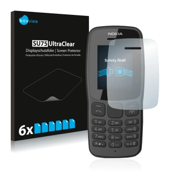 Face avant d’un emballage produit avec le logo de la marque Savvies. À côté, l’appareil Nokia 106 2018 est représenté avec la 