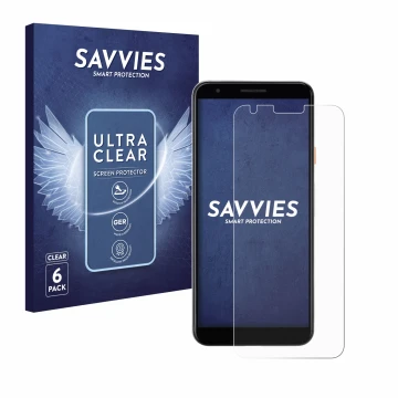Face avant d’un emballage produit avec le logo de la marque Savvies. À côté, l’appareil Google Pixel 3a est représenté avec la