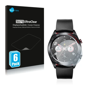 Face avant d’un emballage produit avec le logo de la marque Savvies. À côté, l’appareil Honor Watch Magic est représenté avec 