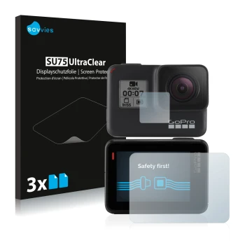 Face avant d’un emballage produit avec le logo de la marque Savvies. À côté, l’appareil GoPro Hero 7 Black est représenté avec