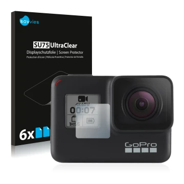 Face avant d’un emballage produit avec le logo de la marque Savvies. À côté, l’appareil GoPro Hero 7 Black (Affichage avant) e