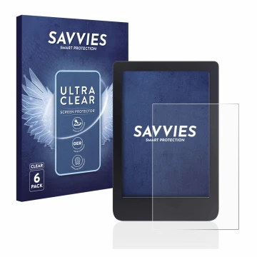 Face avant d’un emballage produit avec le logo de la marque Savvies. À côté, l’appareil Tolino Shine 3 est représenté avec la 
