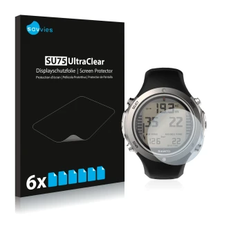 Face avant d’un emballage produit avec le logo de la marque Savvies. À côté, l’appareil Suunto D6I Novo est représenté avec la