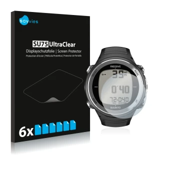 Face avant d’un emballage produit avec le logo de la marque Savvies. À côté, l’appareil Suunto D4F est représenté avec la prot