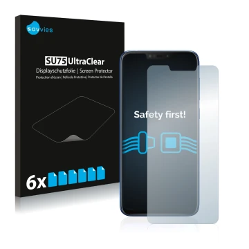 Face avant d’un emballage produit avec le logo de la marque Savvies. À côté, l’appareil ASUS ZenFone Max (M2) ZB633KL est repr
