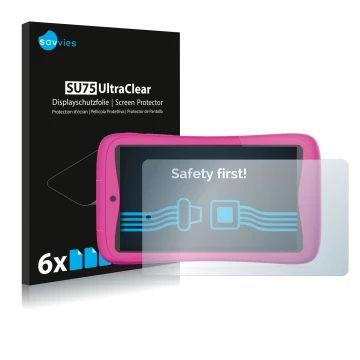 Face avant d’un emballage produit avec le logo de la marque Savvies. À côté, l’appareil Kurio Connect 7