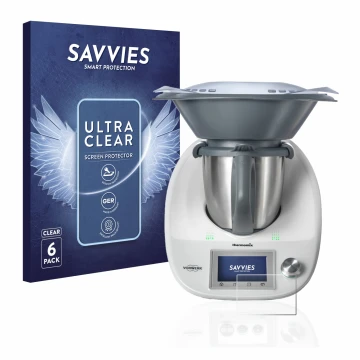 Face avant d’un emballage produit avec le logo de la marque Savvies. À côté, l’appareil Vorwerk Bimby TM5 est représenté avec 