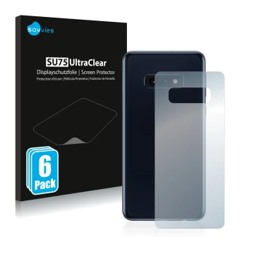 Face avant d’un emballage produit avec le logo de la marque Savvies. À côté, l’appareil Samsung Galaxy S10e (Arrière) est repr