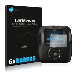 Face avant d’un emballage produit avec le logo de la marque Savvies. À côté, l’appareil Fujifilm Instax Square SQ20 est représ