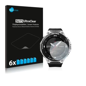 Face avant d’un emballage produit avec le logo de la marque Savvies. À côté, l’appareil Casio Pro Trek Smart WSD-F20 est repré
