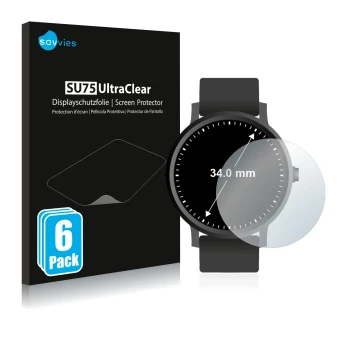 Face avant d’un emballage produit avec le logo de la marque Savvies. À côté, l’appareil Circulaire Displays (ø: 34 mm) est rep