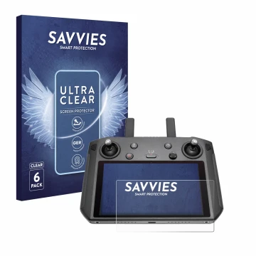 Face avant d’un emballage produit avec le logo de la marque Savvies. À côté, l’appareil DJI Smart Controller est représenté av