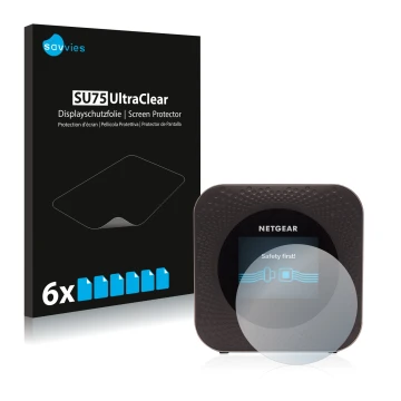 Face avant d’un emballage produit avec le logo de la marque Savvies. À côté, l’appareil Netgear Nighthawk M1 est représenté av