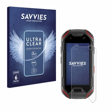 Face avant d’un emballage produit avec le logo de la marque Savvies. À côté, l’appareil Unihertz Atom est représenté avec la p