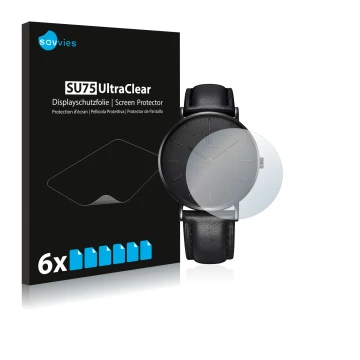 Face avant d’un emballage produit avec le logo de la marque Savvies. À côté, l’appareil Alienwork IK Montre (36 mm) est représ