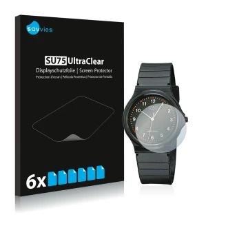 Face avant d’un emballage produit avec le logo de la marque Savvies. À côté, l’appareil Casio Unisex MQ-24 est représenté avec