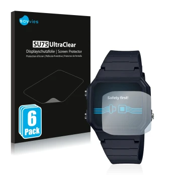 Face avant d’un emballage produit avec le logo de la marque Savvies. À côté, l’appareil Casio Unisex A168WA-1YES est représent