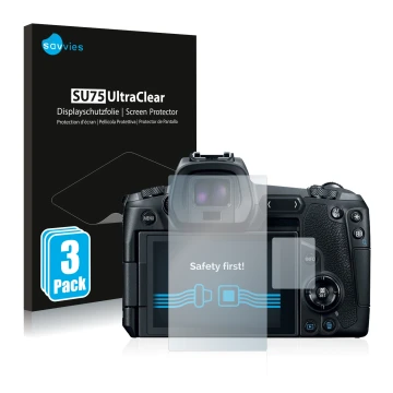 Face avant d’un emballage produit avec le logo de la marque Savvies. À côté, l’appareil Canon EOS R est représenté avec la pro