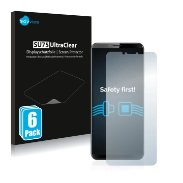 Face avant d’un emballage produit avec le logo de la marque Savvies. À côté, l’appareil Cubot X19 est représenté avec la prote