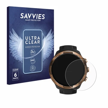 Face avant d’un emballage produit avec le logo de la marque Savvies. À côté, l’appareil Suunto 9 Baro est représenté avec la p