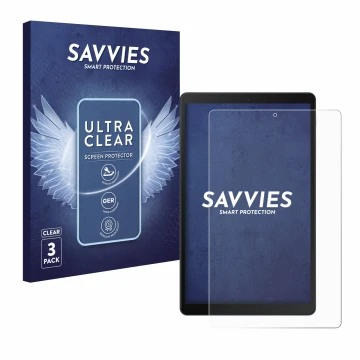 Face avant d’un emballage produit avec le logo de la marque Savvies. À côté, l’appareil Samsung Galaxy Tab A 10.1 WiFi 2019 es
