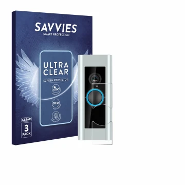 Face avant d’un emballage produit avec le logo de la marque Savvies. À côté, l’appareil Ring Video Doorbell Pro (Version 2) es