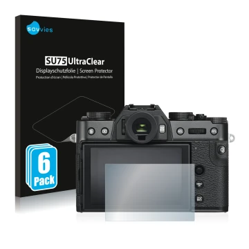 Face avant d’un emballage produit avec le logo de la marque Savvies. À côté, l’appareil Fujifilm X-T30 est représenté avec la 