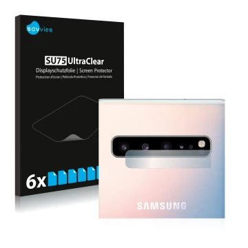 Face avant d’un emballage produit avec le logo de la marque Savvies. À côté, l’appareil Samsung Galaxy S10 5G (Caméra UNIQUEME