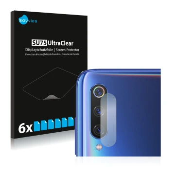 Face avant d’un emballage produit avec le logo de la marque Savvies. À côté, l’appareil Xiaomi Mi 9 (Caméra UNIQUEMENT) est re