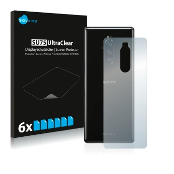 Face avant d’un emballage produit avec le logo de la marque Savvies. À côté, l’appareil Sony Xperia 1 (Arrière) est représenté