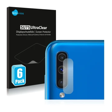 Face avant d’un emballage produit avec le logo de la marque Savvies. À côté, l’appareil Samsung Galaxy A50 (Caméra UNIQUEMENT)