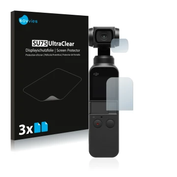 Face avant d’un emballage produit avec le logo de la marque Savvies. À côté, l’appareil DJI Osmo Pocket (Affichage + Lentille)