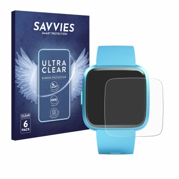 Face avant d’un emballage produit avec le logo de la marque Savvies. À côté, l’appareil Fitbit Versa Lite Edition est représen