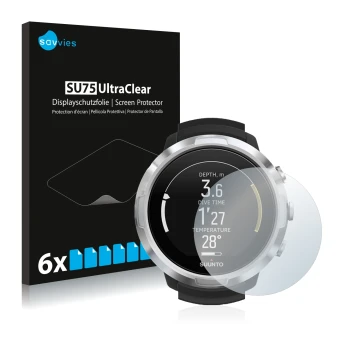 Face avant d’un emballage produit avec le logo de la marque Savvies. À côté, l’appareil Suunto D6 Support est représenté avec 