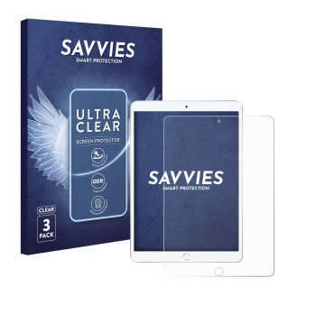 Face avant d’un emballage produit avec le logo de la marque Savvies. À côté, l’appareil Apple iPad Air 2019 (3ème Gen.) est re