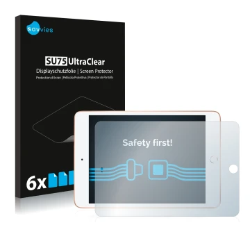 Face avant d’un emballage produit avec le logo de la marque Savvies. À côté, l’appareil Apple iPad Mini 5 2019 (en paysage, 5è