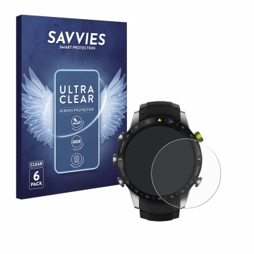 Face avant d’un emballage produit avec le logo de la marque Savvies. À côté, l’appareil Garmin Marq Athlete est représenté ave