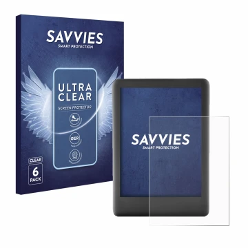 Face avant d’un emballage produit avec le logo de la marque Savvies. À côté, l’appareil Amazon Kindle 2019 (10ème Gen.) est re