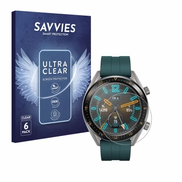 Face avant d’un emballage produit avec le logo de la marque Savvies. À côté, l’appareil Huawei Watch GT Active est représenté 